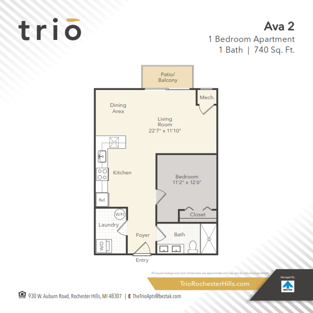 Floor plan for 1 bed, 1 bath, 740 sqft